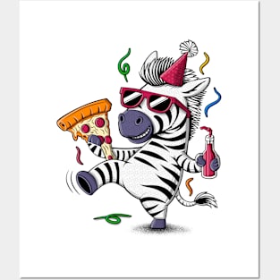 Zebra illustration in a party hat and sunglasses with a pizza. Posters and Art